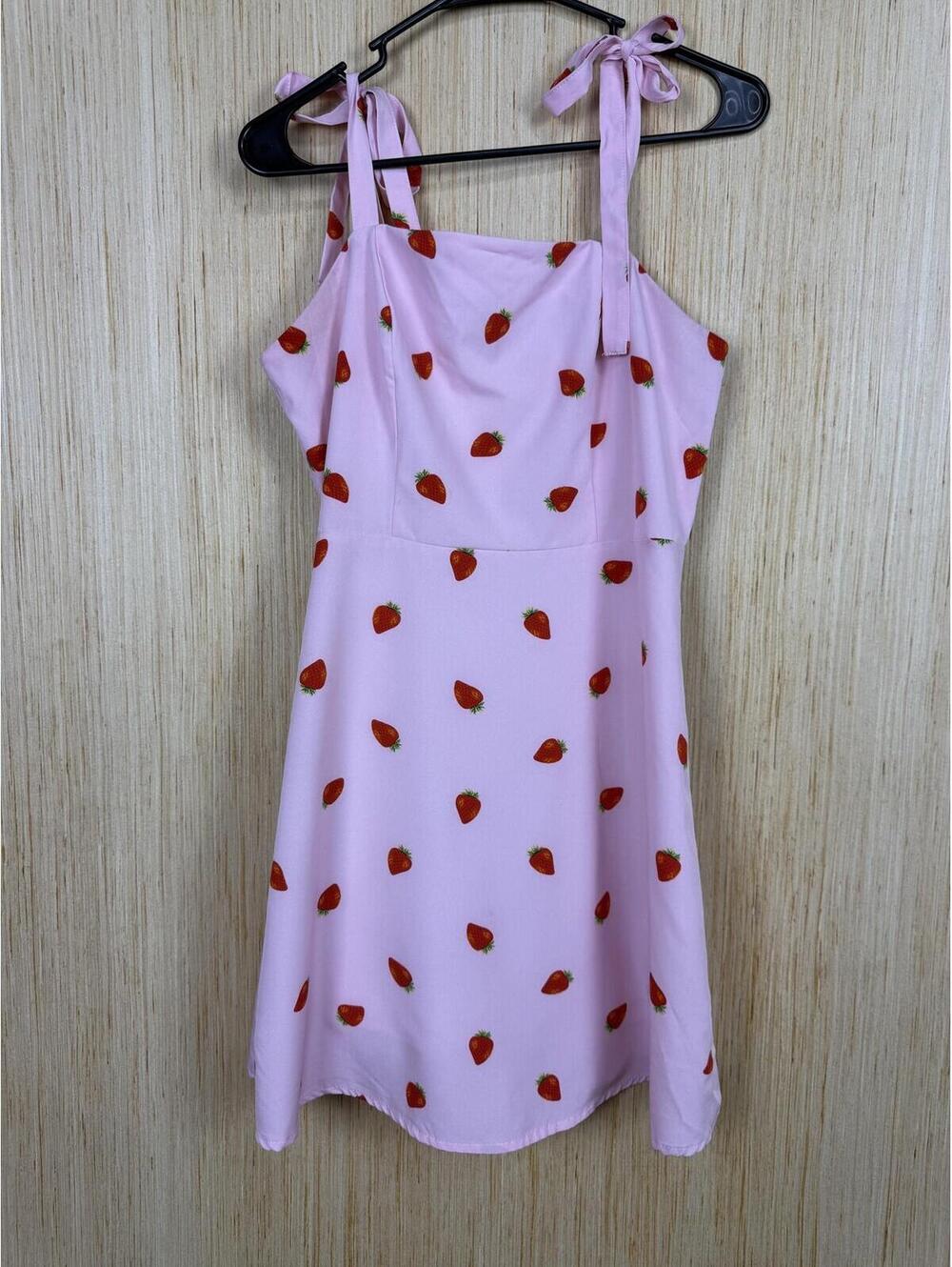 Pink Strawberry-Print Tie-Shoulder Sundress